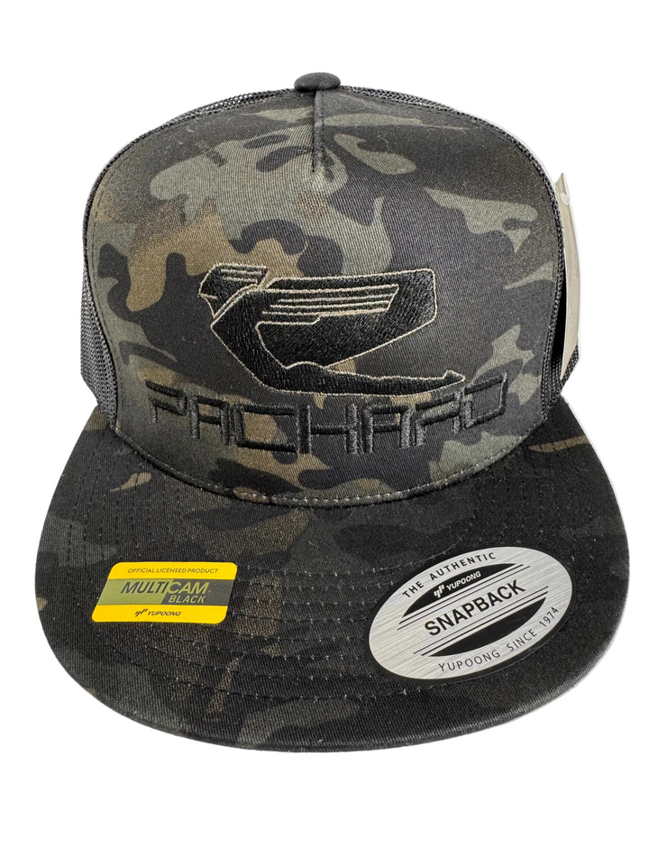 Embroidered Trucker Hat Flat Brim Black Camo Logo