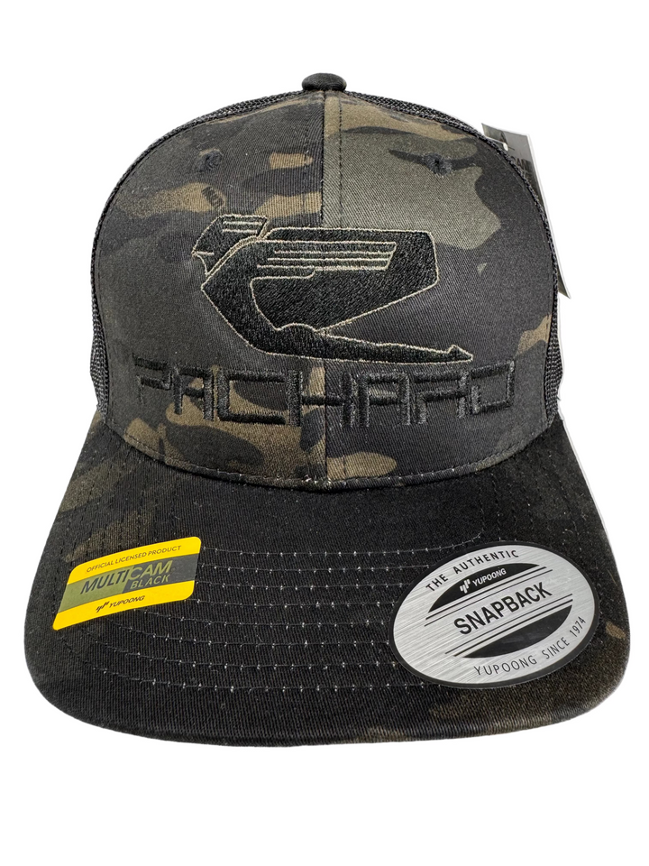 Embroidered Trucker Hat Curved Brim Black Camo Logo