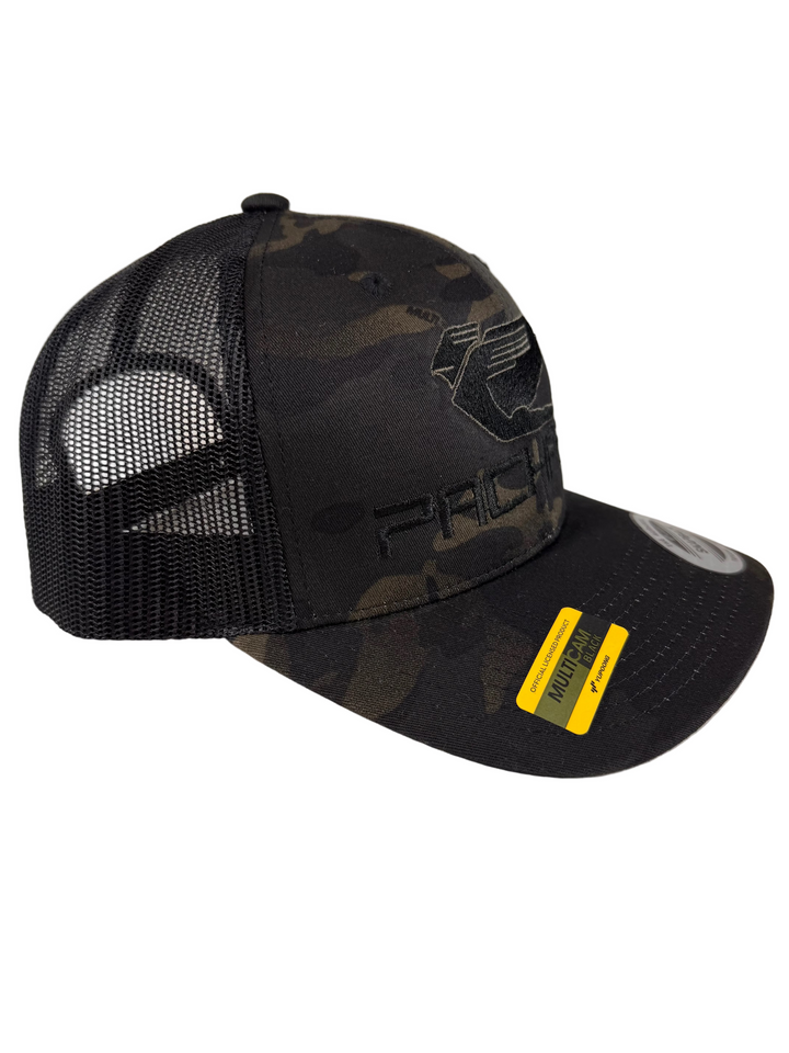 Embroidered Trucker Hat Curved Brim Black Camo Logo